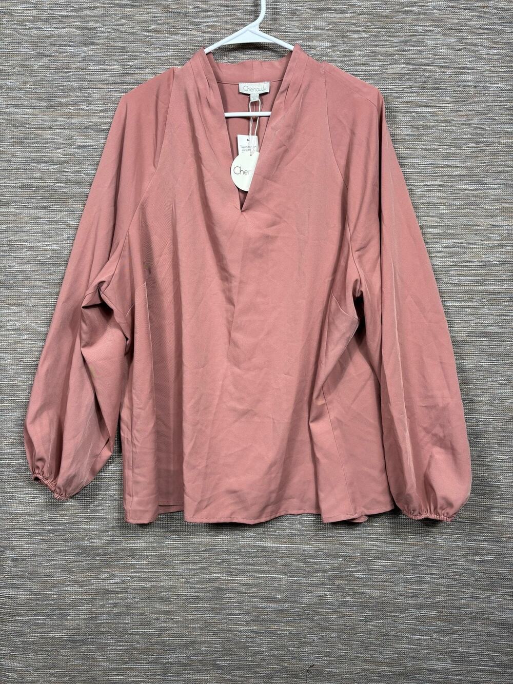 Chenault Blouse Womens 3X Pink Solid V Neck Balloon Sleeve Tunic Top Pullover